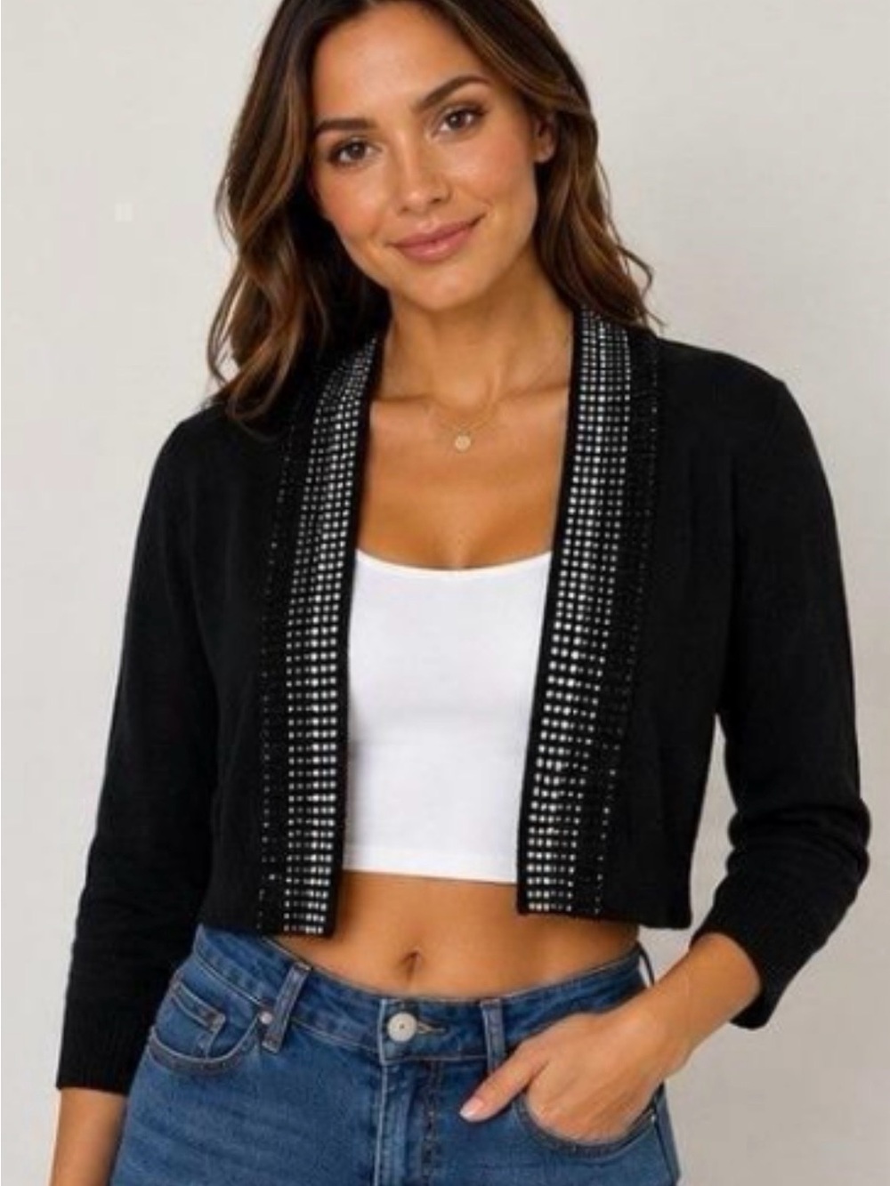 Calvin Klein Black Cropped Cardigan with Studded Trim